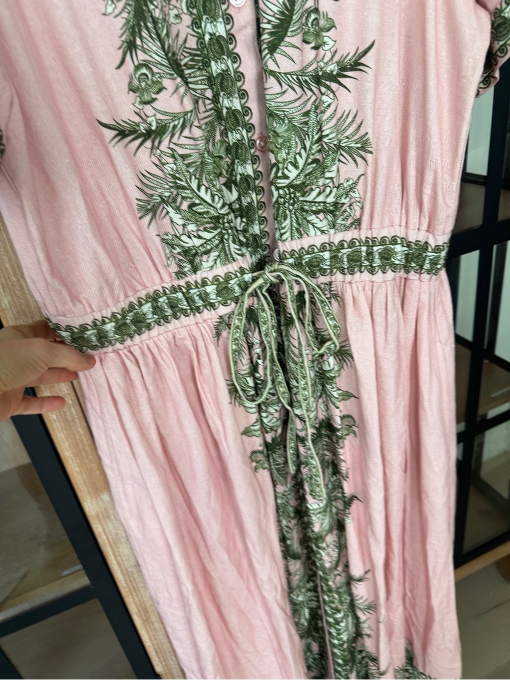 Linen maxi dress button down shirt collar tropical palm print pockets blush - Picture 12 of 15